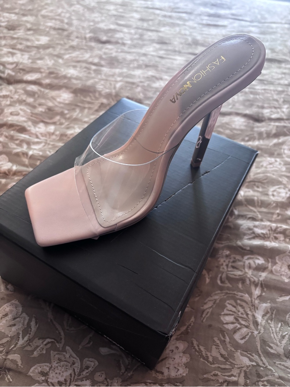 Fashion Nova Blush Pink Clear Strap Square Toe Stiletto